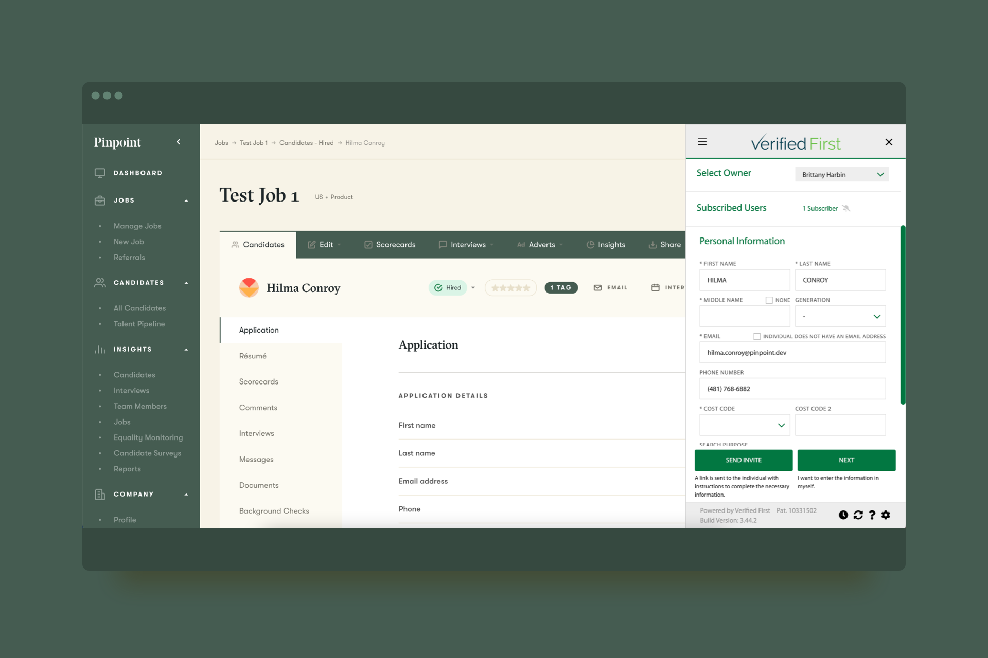 Screengrab of Verified First integration within Pinpoint
